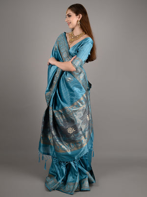 Rajwada Women Blue Silk Blend Woven Saree With Unstitched Blouse