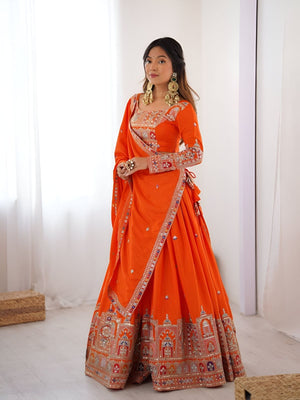 Rajwada Orange Silk Blend Embroidered Semi-Stitched lehenga For Women