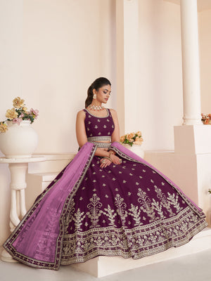 Rajwada Wine Georgette Embroidered Semi Stitched Lehenga With Unstitched Blouse for Women