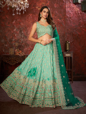 Rajwada Sea Green Net Embellished Semi Stitched Lehenga With Unstitched Blouse for Women