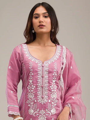 Rajwada Pink Cotton Blend Embroidered Semi-Stitched Kurta Set For Women