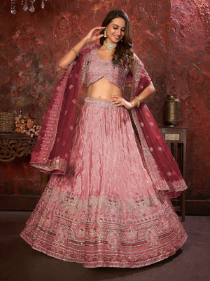 Rajwada Pink Net Embellished Semi Stitched Lehenga With Unstitched Blouse for Women