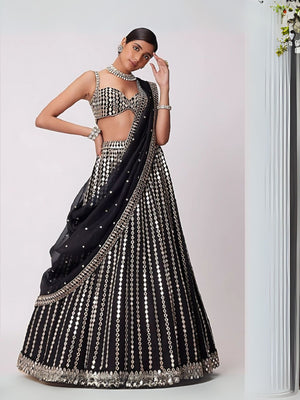 Rajwada Black Organza Silk Embellished Semi-Stitched lehenga For Women