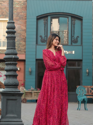 Rajwada Pink Chiffon Stitched Printed Indo Western Dress For Women