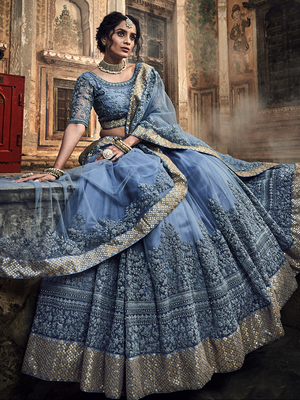 Rajwada Women Grey Embroidered Soft Net Semi Stitched Lehenga With Unstitched Blouse
