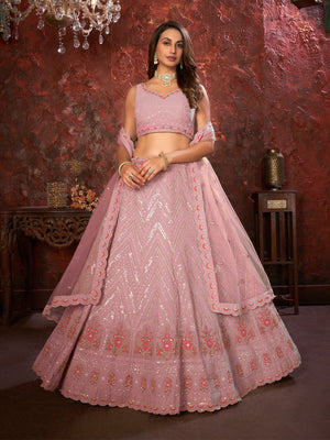 Rajwada Pink Georgette Embellished Semi Stitched Lehenga With Unstitched Blouse for Women