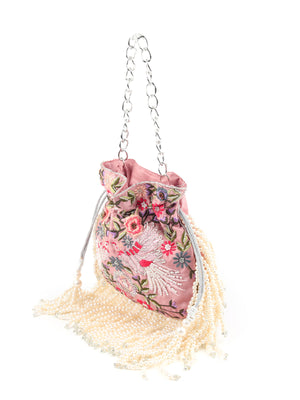 Rajwada - Peach Pink Embellished Beaded-Embroidered Pearly Potli Bag