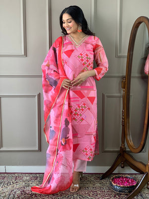 Rajwada Pink Viscose Printed Stitched Kurta Set For Women