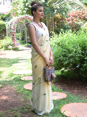 Rajwada Beige Printed Chiffon Saree with Unstitched Blouse for Women
