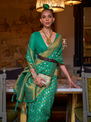Rajwada Green Silk Blend Woven Saree With Unstitched Blouse for Women