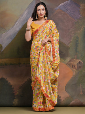 Rajwada Yellow Printed Chiffon Saree With Unstitched Blouse For Women