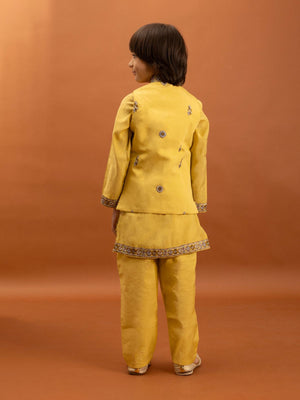 Rajwada Yellow Viscose Silk Embroidered Stitched Kurta Set For Kids