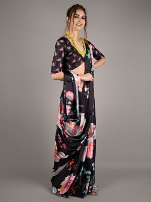 Black Soft Crepe Digital Floral Print Saree With Unstitched Blouse