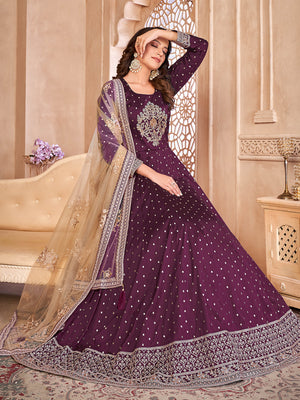 Rajwada Purple Tafeta Embroidered Semi stitched Kurta Set  For Women