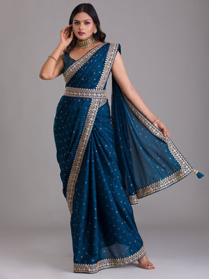 Rajwada Navy Blue Embroidered Art Silk Saree With Unstitched Blouse For Women
