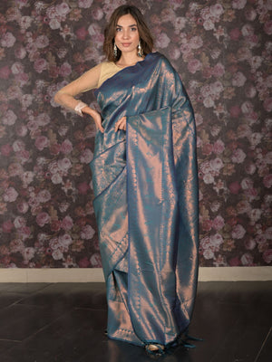 Rajwada Teal Silk Blend Woven Saree with Unstitched Blouse for Women