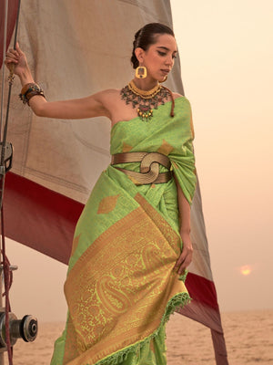 Rajwada Green Satin Woven Saree With Unstitched Blouse for Women