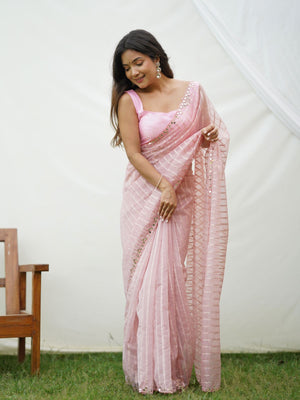 Rajwada Pink Organza Mirror Work Saree With Unstitched Blouse For Women