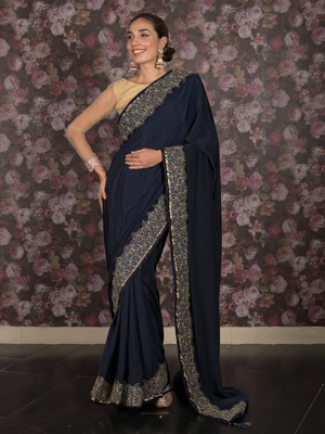 Rajwada Navy Blue Zari Embroidered Satin Saree with Unstitched Blouse for Women