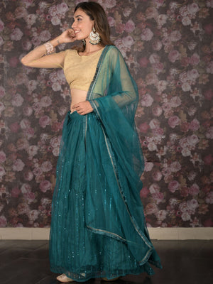 Rajwada Teal Sequins Embroidered Net Semi-Stitched Lehenga with Unstitched Blouse for Women