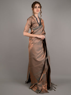 Grey Silk Blend Woven Saree With Unstitched Blouse
