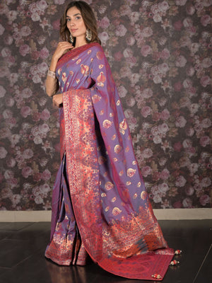 Rajwada Blue Pink Shaded Woven Silk Blend Saree with Unstitched Blouse for Women