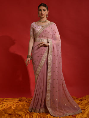 Rajwada Pink Embroidered Georgette Saree With Unstitched Blouse For Women