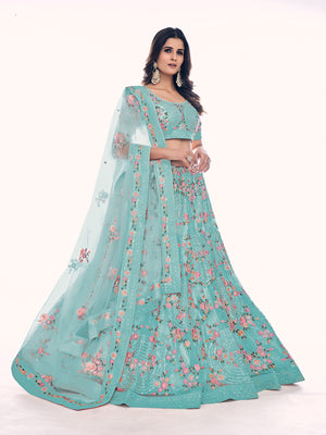 Rajwada Sea Green Embroidered Soft Net Semi Stitched Lehenga With Blouse For Women