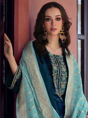 Rajwada Teal Velvet Embroidery Semi-Stitched Kurta Set For Women