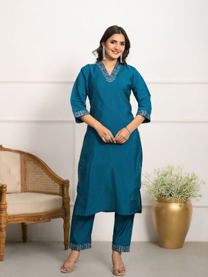 Rajwada Teal Viscose Chanderi Embroidered Stitched Kurta Set For Women