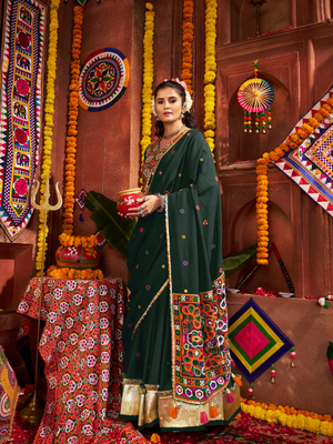 Rajwada Dark Green Cotton Blend Embroidered Semi-Stitched Lehenga For Women