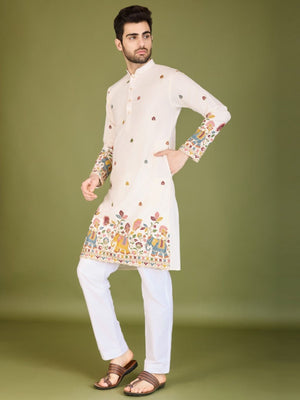Rajwada White Cotton Embroidered Stitched Kurta For Men