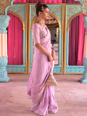 Rajwada Lavender Sequins Embroidered Georgette Saree with Unstitched Blouse for Women
