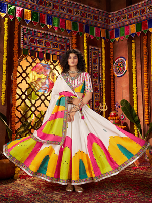 Rajwada White Silk Blend Printed Semi-Stitched Lehenga For Women