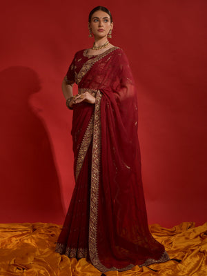 Rajwada Maroon Embroidered Georgette Saree With Unstitched Blouse For Women