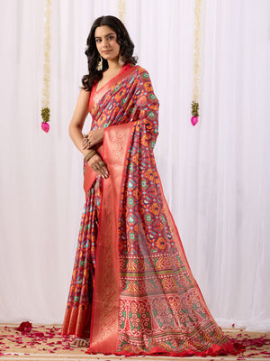 Rajwada Red Silk Blend Printed Saree For Women