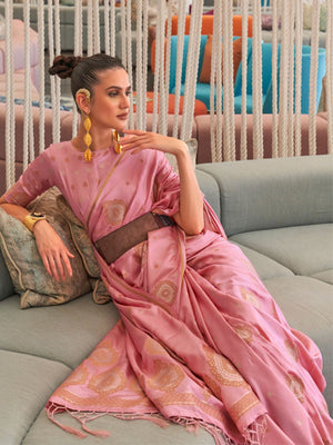 Rajwada Pink Silk Blend Woven Saree With Unstitched Blouse for Women