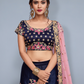 Rajwada Women Dark Blue Embroidered Velvet Silk Semi Stitched Lehenga With Unstitched Blouse