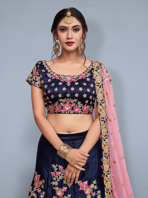Rajwada Women Dark Blue Embroidered Velvet Silk Semi Stitched Lehenga With Unstitched Blouse