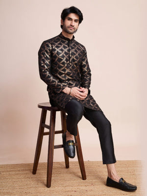 Rajwada Black Silk Blend Sequins Stitched Kurta For Men