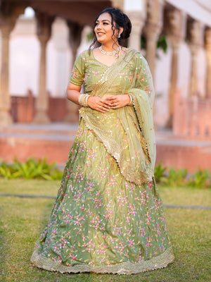 Rajwada Women Light Green Floral Semi Stitched Lehenga With Unstitched Blouse