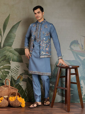 Rajwada Blue Viscose Silk Embroidered Stitched Kurta Set For Men
