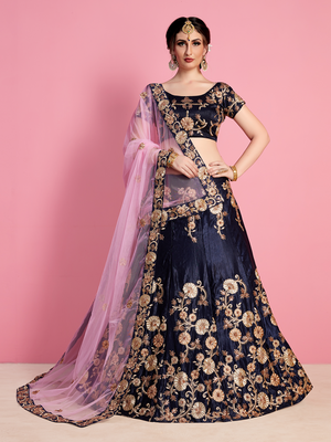 Rajwada Women Dark Blue Embroidered Velvet Silk Semi Stitched Lehenga With Unstitched Blouse