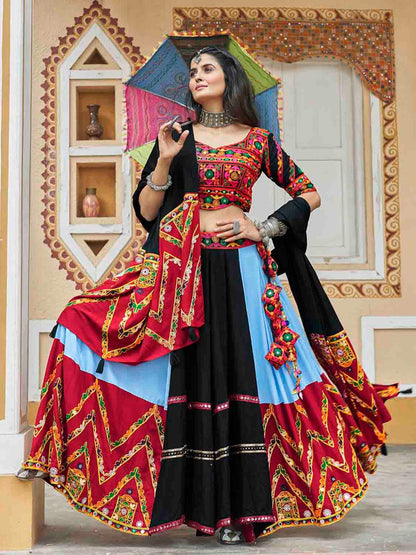 Rajwada Multicolor Rayon Embroidered Stitched Lehenga With Blouse For Women