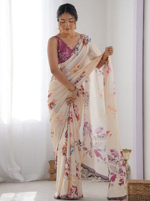 Rajwada Cream Georgette Printed Saree For Women
