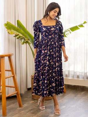 Rajwada Navy Blue Rayon Stitched Printed Indo Western Dress For Women