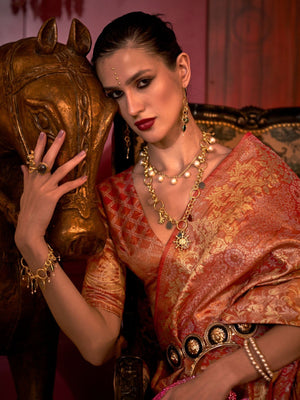 Rajwada Orange Silk Blend Woven Saree With Unstitched Blouse For  Women