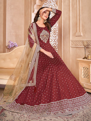 Rajwada Maroon Tafeta Embroidered Semi stitched Kurta Set For Women