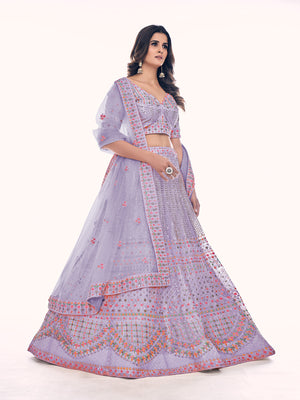 Rajwada Lavender Embroidered Soft Net Semi Stitched Lehenga With Blouse For Women