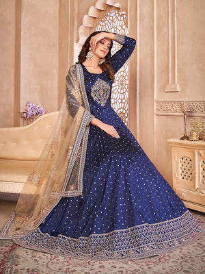 Rajwada Blue Tafeta Embroidered Semi stitched Kurta Set For Women